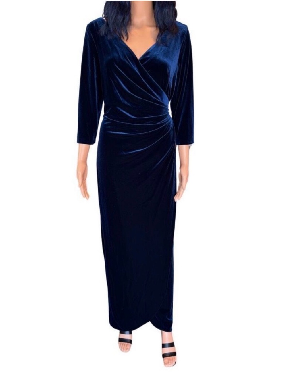 Elegant Navy Velvet Wrap Maxi Dress - Women's Formal Evening Gown Alex Evenings